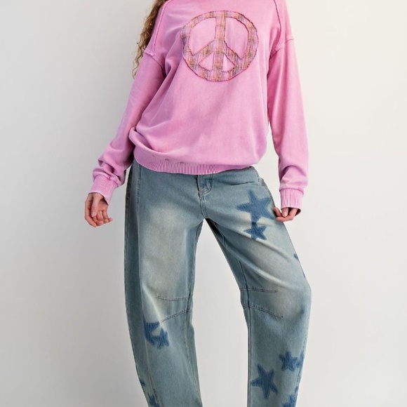 NEW EASEL CLOTHING WASHED TERRY KNIT PULLOVER PEACE HOODIE Pink SWEATSHIRT - Picture 3 of 10
